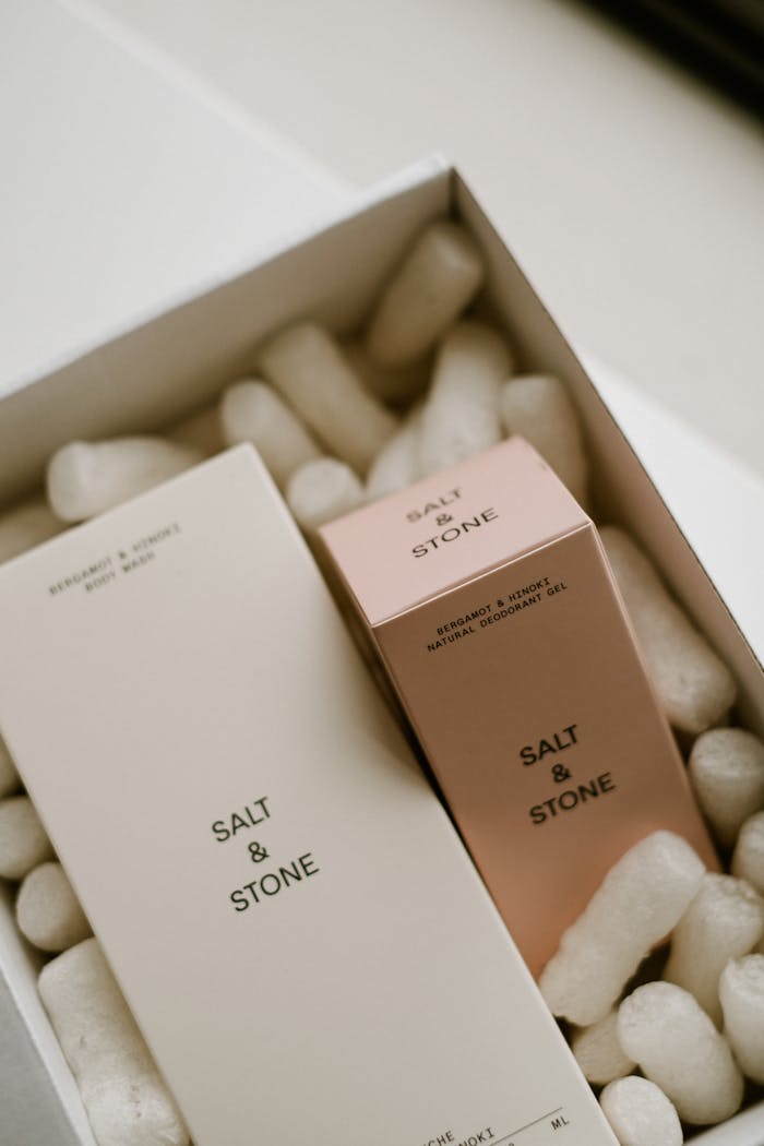 why-choose-us Top view of Salt & Stone cosmetic products in elegant packaging, ideal for lifestyle and beauty stock photos.